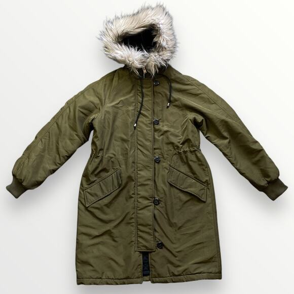 H&M Paded Parka Jacket Women’s XS Green Faux Hood Long Coat - Picture 1 of 6